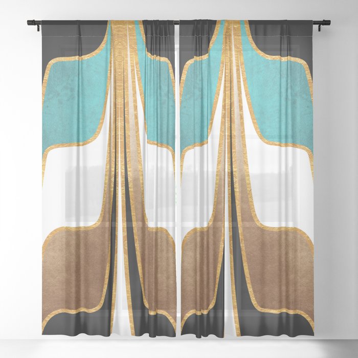 Mid Century Modern Liquid Watercolor Abstract // Gold, Ocean Blue (Teal), Brown, Black, White // V2 Sheer Curtain