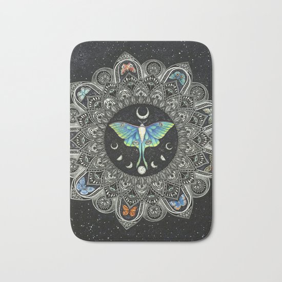 Lunar Moth Mandala with Background Bath Mat