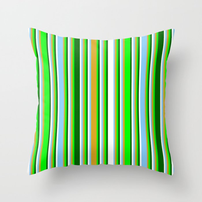Eyecatching Lime, Goldenrod, Light Sky Blue, White, and Dark Green Colored Pattern of Stripes Throw Pillow