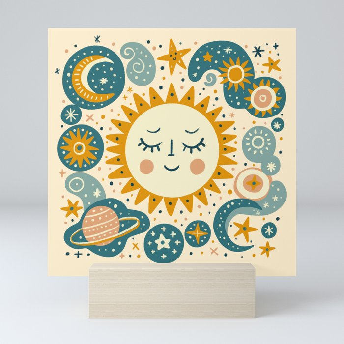 Serenity in the Cosmos - Sun and Stars Celestial Illustration Mini Art Print