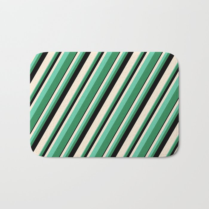 Beige, Aquamarine, Sea Green, and Black Colored Lined/Striped Pattern Bath Mat