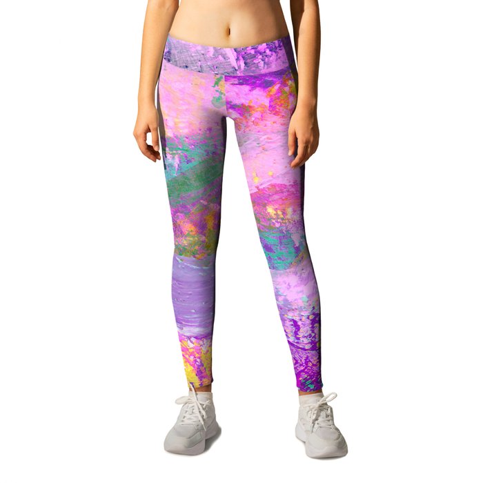 Neon Abstract Brush Strokes - Mint Green, Purple, Yellow and Teal Leggings