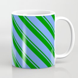 [ Thumbnail: Green and Cornflower Blue Colored Pattern of Stripes Coffee Mug ]