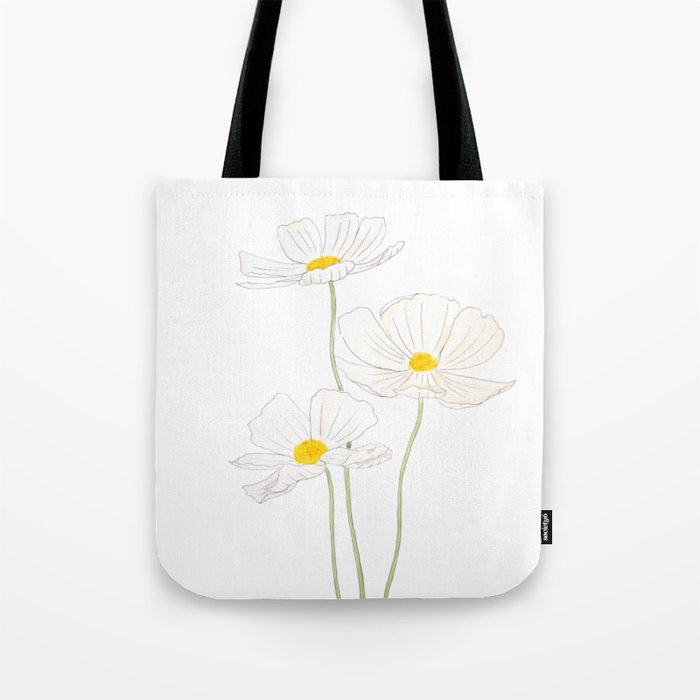 3 white cosmos flowers ink and watercolor Tote Bag