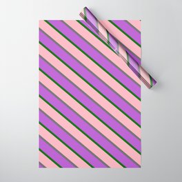 [ Thumbnail: Light Pink, Dim Grey, Orchid, and Dark Green Colored Stripes Pattern Wrapping Paper ]