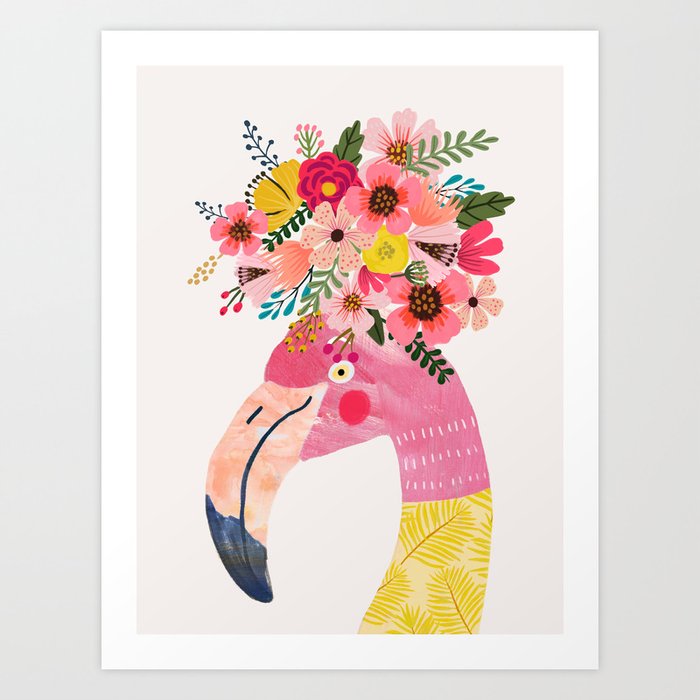 Pink flamingo with flowers on head Art Print