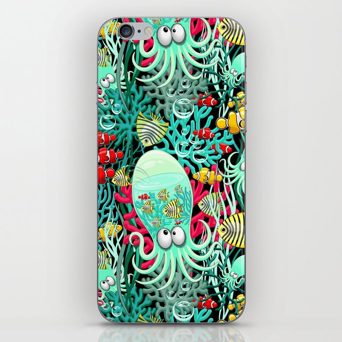 Octopus Silly Funny Character on Coral Reef Pattern iPhone Skin