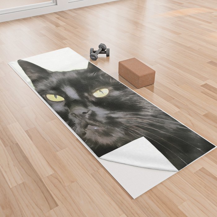 Stunning Black Cat Portrait Acrylic Painting Yoga Towel