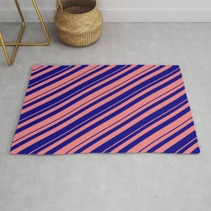 Blue and Light Coral Colored Lined Pattern Rug