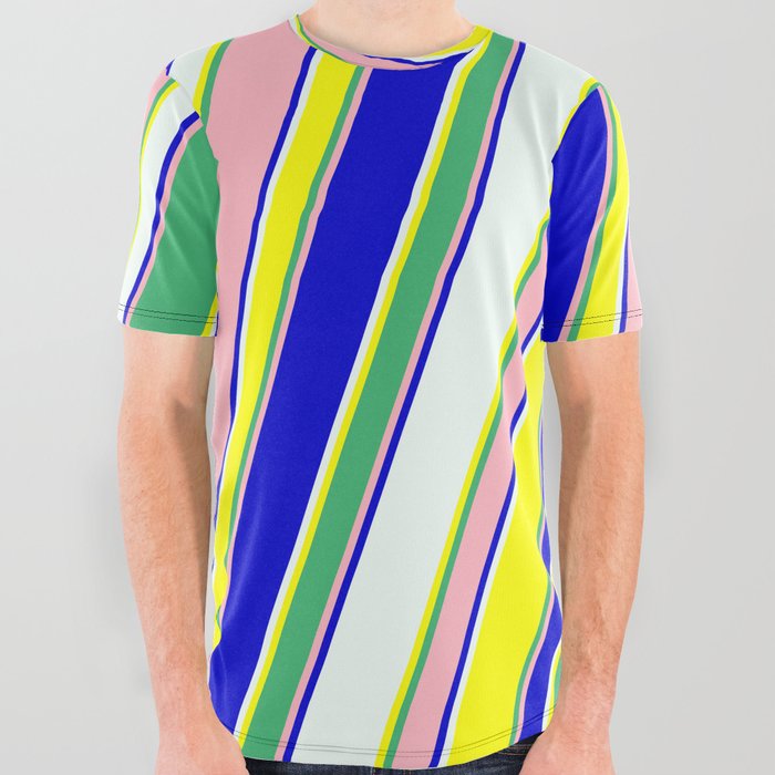 Eyecatching Mint Cream, Yellow, Sea Green, Light Pink & Blue Colored Lines/Stripes Pattern All Over Graphic Tee