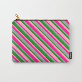 [ Thumbnail: Deep Pink, Dark Gray, Forest Green, and Light Pink Colored Lines/Stripes Pattern Carry-All Pouch ]