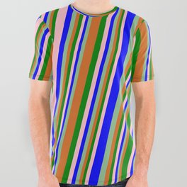 [ Thumbnail: Eyecatching Pink, Blue, Dark Sea Green, Chocolate, and Green Colored Pattern of Stripes All Over Graphic Tee ]