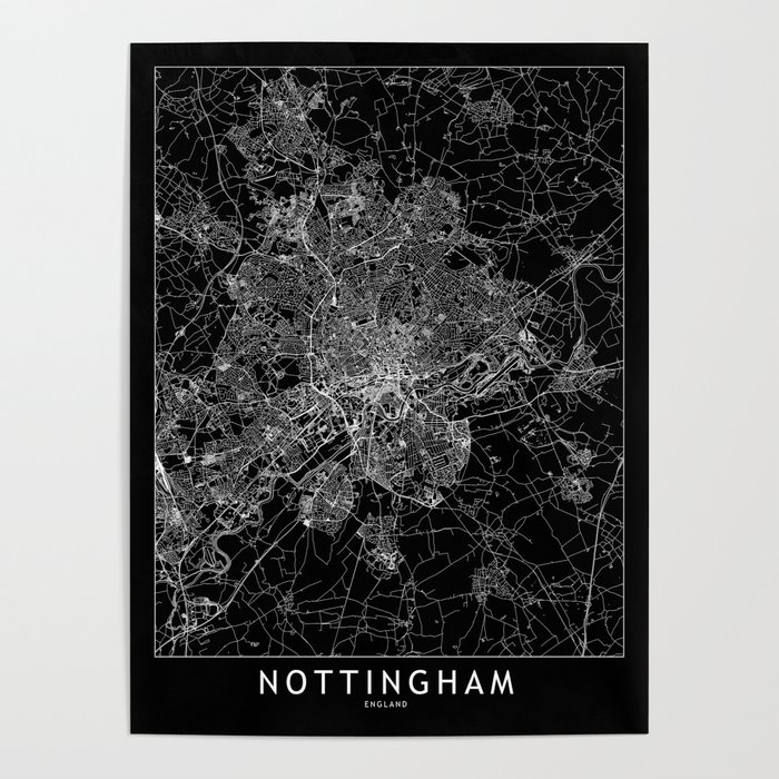 Nottingham Black Map Poster