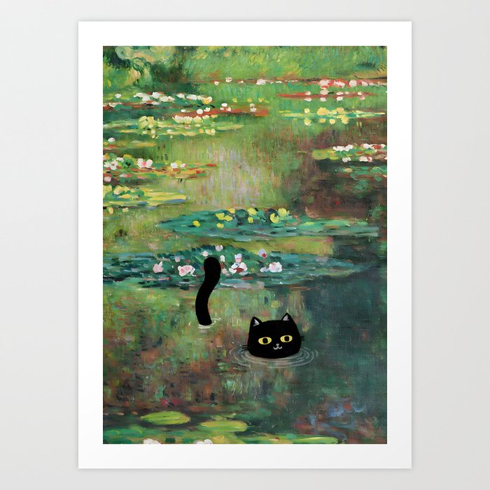 Monet Waterlily Claude Monet Cat Art Print