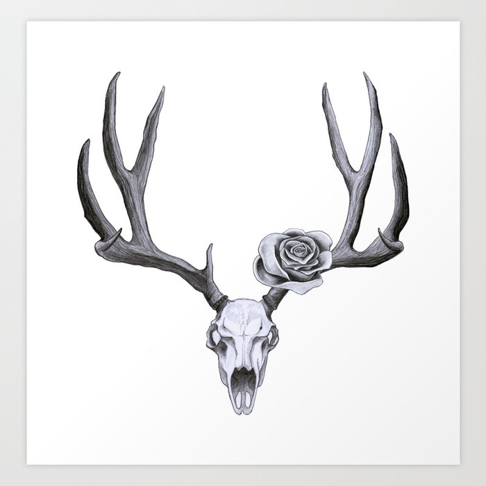 Stag skull with rose Art Print