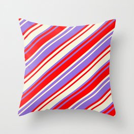[ Thumbnail: Purple, Red, and Beige Colored Striped Pattern Throw Pillow ]