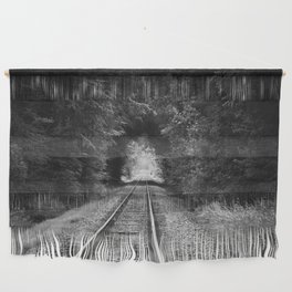 Don't go riding on the long black train; lonely railroad tracks through natural tunnel of leafy trees black and white photograph - photography - photographs Wall Hanging