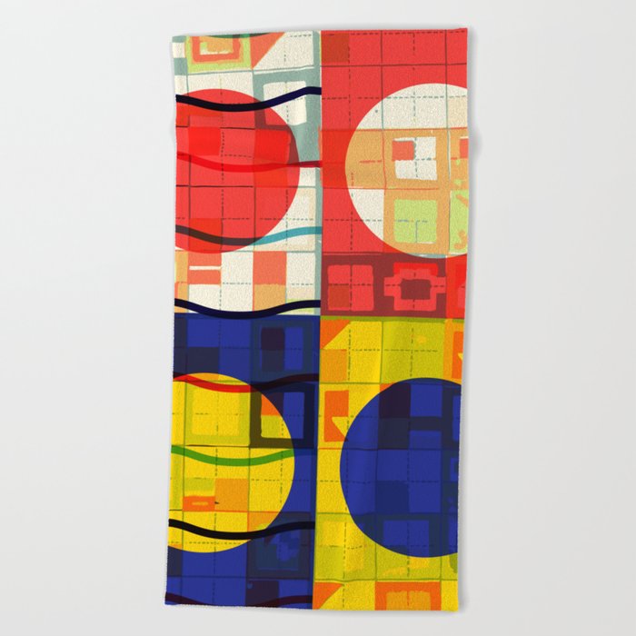 Red Blue Yellow Geometric Sun Abstract Art Beach Towel By