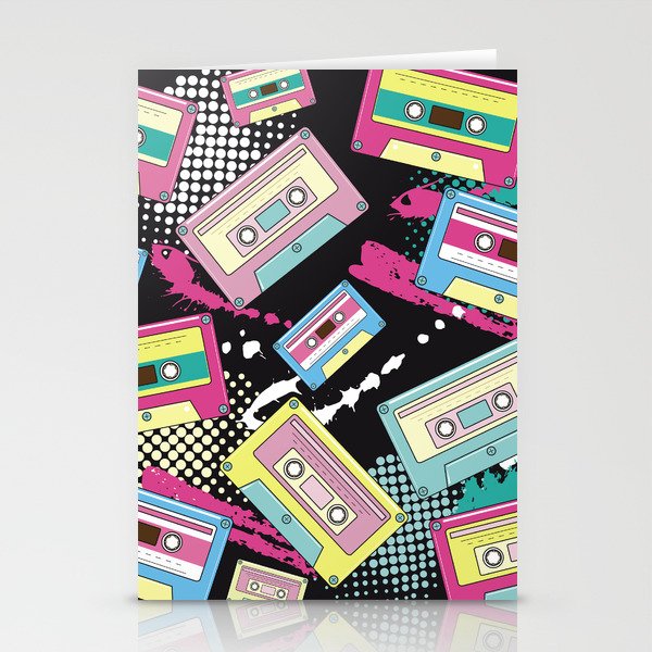 Multi Colored cassettes on a black background seamless pattern Stationery Cards