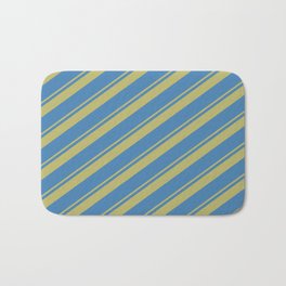 [ Thumbnail: Dark Khaki and Blue Colored Stripes Pattern Bath Mat ]