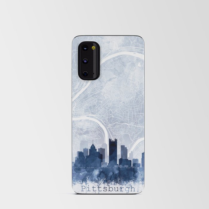 Pittsburgh Skyline Map Watercolor Navy Blue, Print by Zouzounio Art Android Card Case