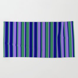 [ Thumbnail: Purple, Sea Green & Blue Colored Stripes/Lines Pattern Beach Towel ]