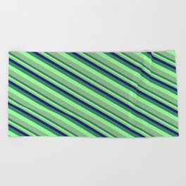 [ Thumbnail: Midnight Blue, Sea Green, Green & Dark Sea Green Colored Stripes Pattern Beach Towel ]
