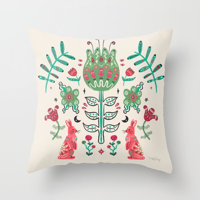 Florarl Folk Art with Rabbit Throw Pillow