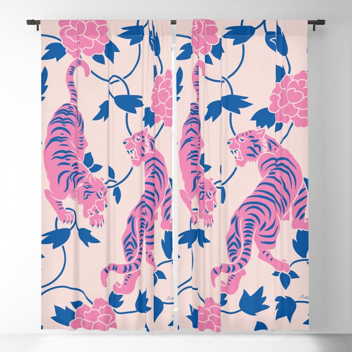 Chinese Tigers, Pink, Blue Blackout Curtain