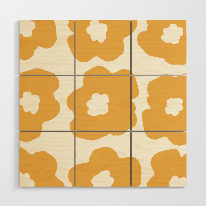 Large Pop-Art Retro Flowers in Yellow on Cream Background Wood Wall Art