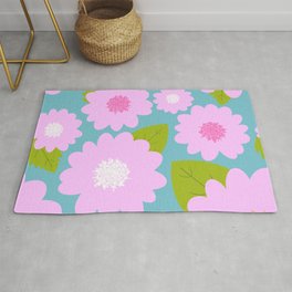 Cheerful Retro Modern Pink Flowers On Bright Turquoise Area & Throw Rug