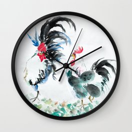 Two Ink Freehand Chickens Wall Clock
