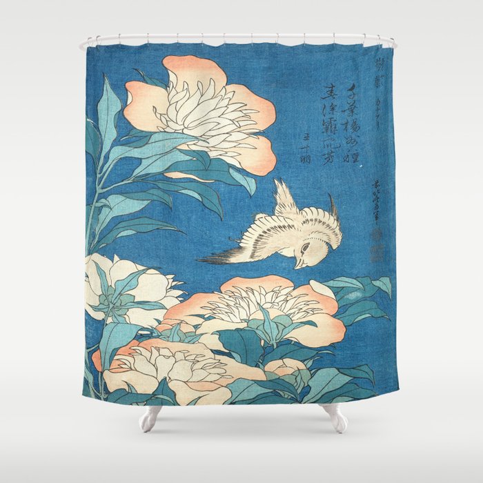 Peonies and Canary by Hokusai : Japanese Flowers Turquoise Peach Shower Curtain