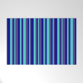 [ Thumbnail: Dark Blue, Dark Slate Blue & Turquoise Colored Pattern of Stripes Welcome Mat ]