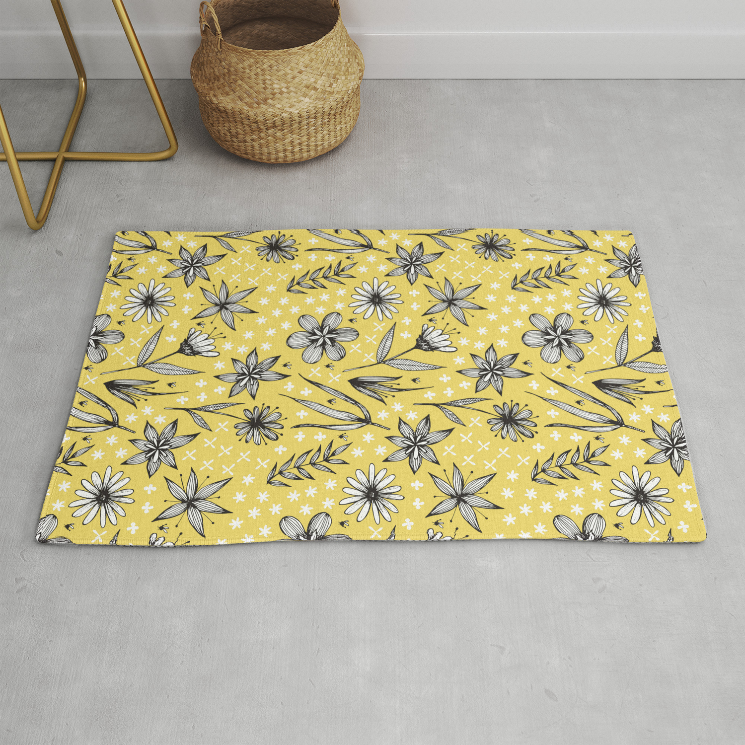 Black And White Fl On Yellow Rug By, Yellow And White Rugs