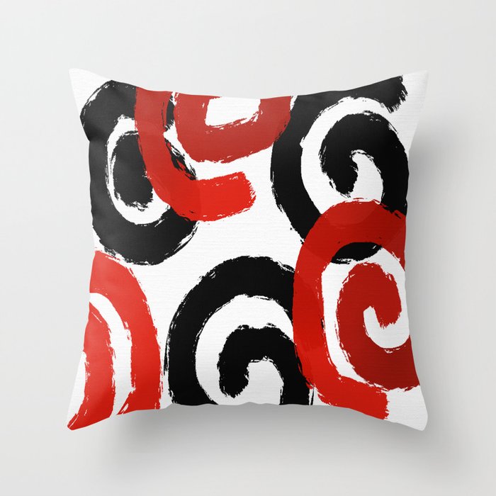 Brush Spirals Black and Red Throw Pillow