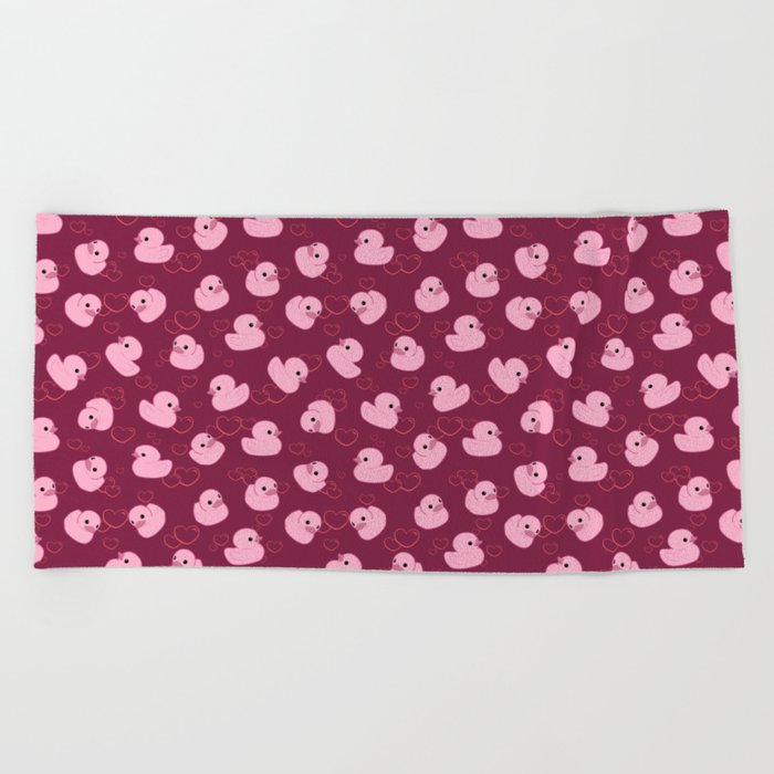 Pink toy duck with hearts Beach Towel