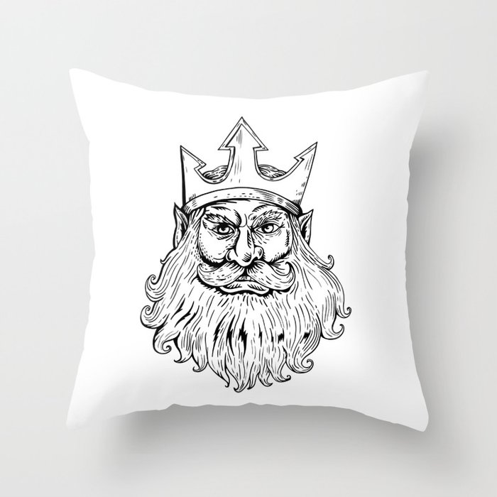 Poseidon Wearing Trident Crown Woodcut Throw Pillow