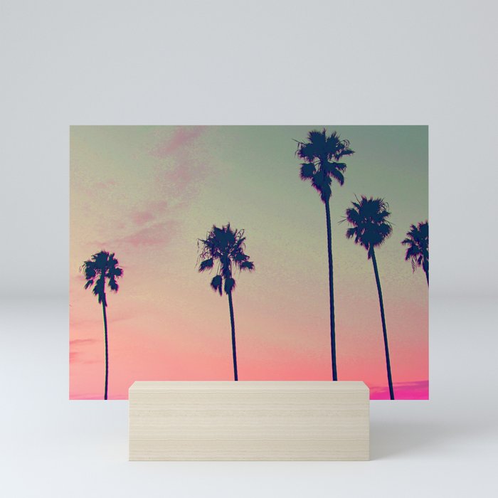 Pink Sunset, Palm Tree Silhouette Encinitas, California - Surfer Mini Art Print