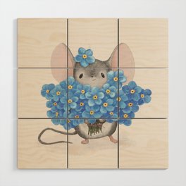 Sweet mousy with a bouquet of forget-me-nots Wood Wall Art