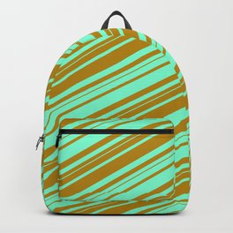 [ Thumbnail: Aquamarine and Dark Goldenrod Colored Lined/Striped Pattern Backpack ]