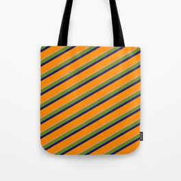 [ Thumbnail: Green, Midnight Blue, Dark Orange & Dark Salmon Colored Lines/Stripes Pattern Tote Bag ]