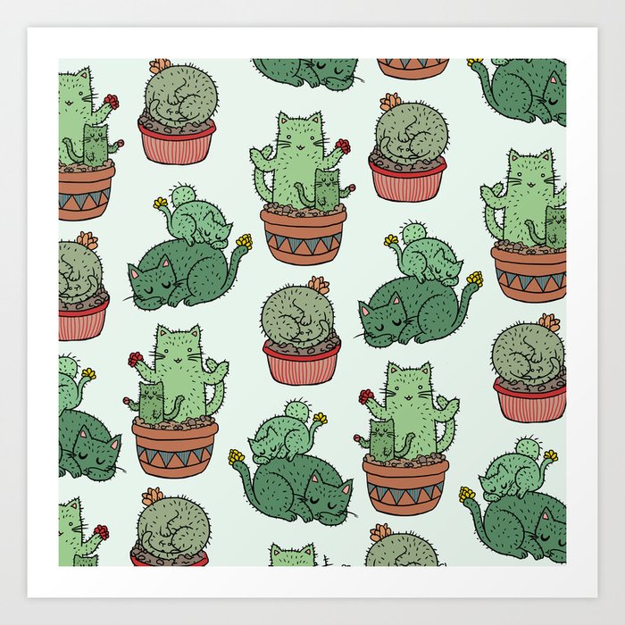 Cacti Cat pattern Art Print by Demian Crownfield | Society6