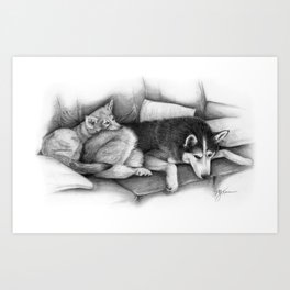 Husky and Wolf Pup Chilling Art Print