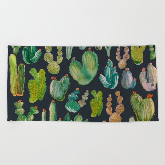 Cactus Watercolor at Night Beach Towel