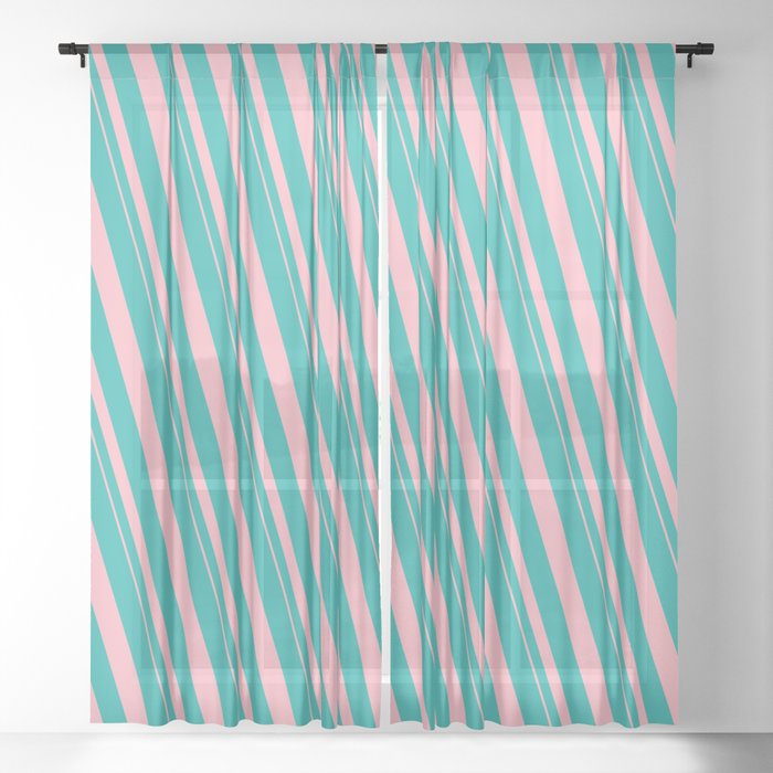 Light Sea Green and Light Pink Colored Striped/Lined Pattern Sheer Curtain