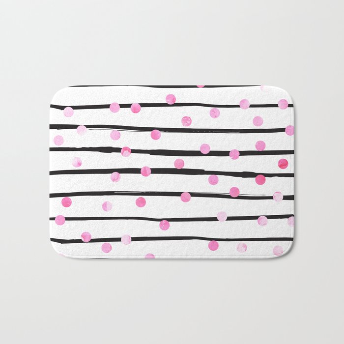 Blush pink black watercolor modern stripes polka dots Bath Mat