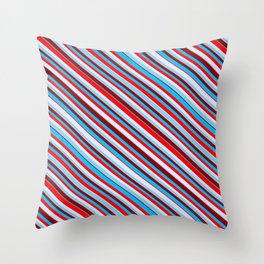 [ Thumbnail: Eyecatching Sky Blue, Dark Red, Deep Sky Blue, Red & Lavender Colored Lines/Stripes Pattern Throw Pillow ]