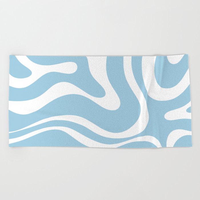 Retro Modern Liquid Swirl Abstract Pattern in Baby Blue and White Beach Towel