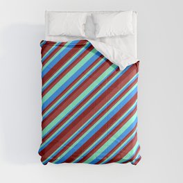 [ Thumbnail: Brown, Aquamarine, Blue, and Maroon Colored Striped/Lined Pattern Comforter ]